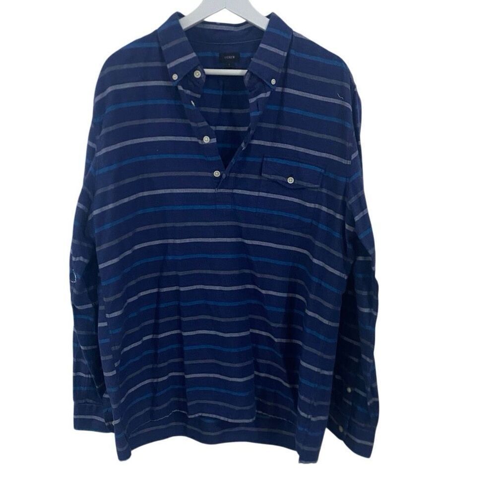 J.Crew tunic length, collared, long sleeve striped blue size large blouse, 100%